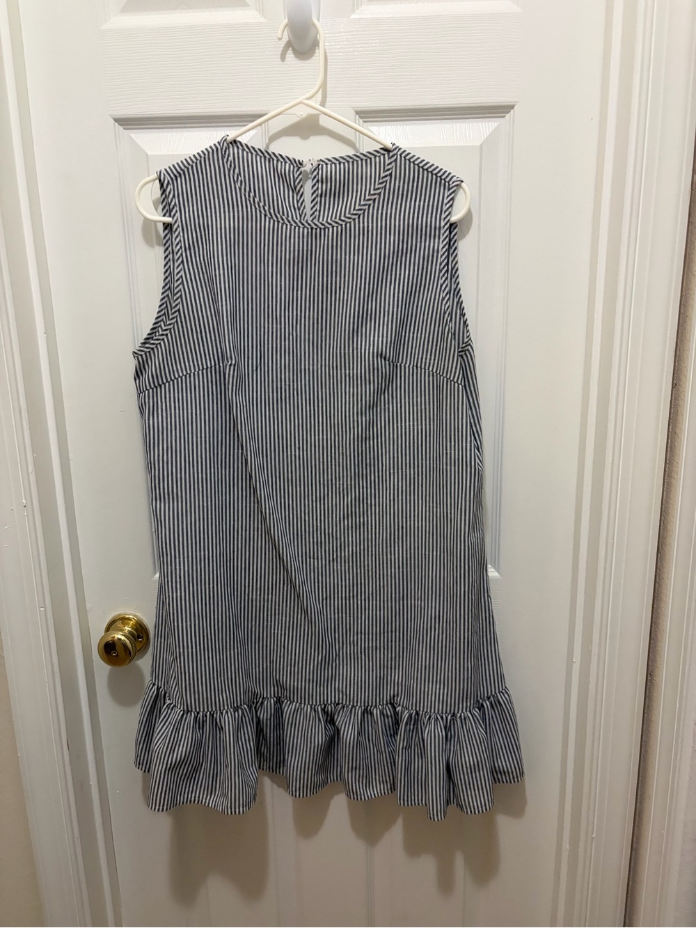 Amazon Women's Navy and White Striped Sleeveless Ruffle Hem Dress